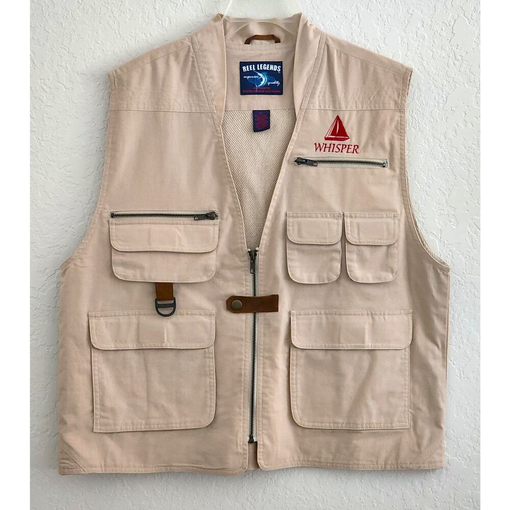 Fishing Vest-Reel Legends-Beige-Pockets-Zippers-Snap & Zip Closure-SIZE XL